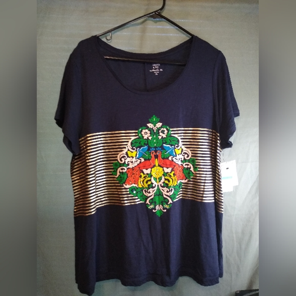 Crown & ivy Navy Top with Colorful Graphic Peacock